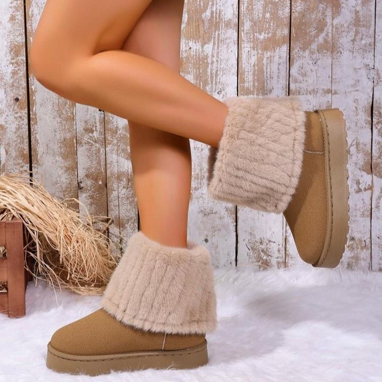 Cizme de zăpadă scurte cu blană, cu talpă groasă și vârf rotund, pentru femei, cu fund tip muffin, calde, groase, cu bumbac