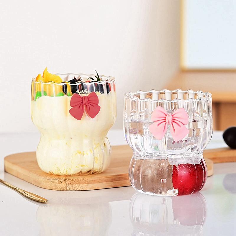 Vertical Striped Glass Cup with Bow Decor Cute Coffee Cocktail Juice Water Tea Glassware