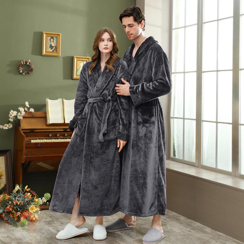 Women's & Men's Double-Sided Thick Coral Fleece Bathrobe - Long, Ankle-Length, Ideal for Autumn & Winter