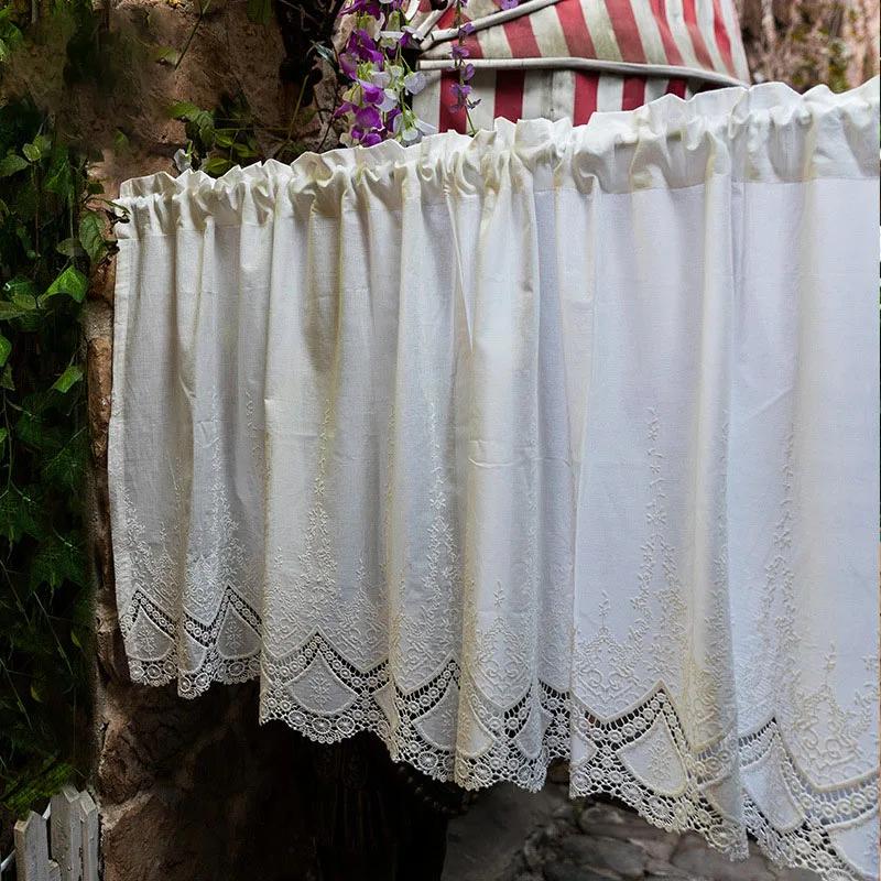 100% Cotton Hollow Flowers Short Curtains Living Room Korean Gream Lace Cloth Half Curtains for Kitchen Bookshelf Dust Curtain
