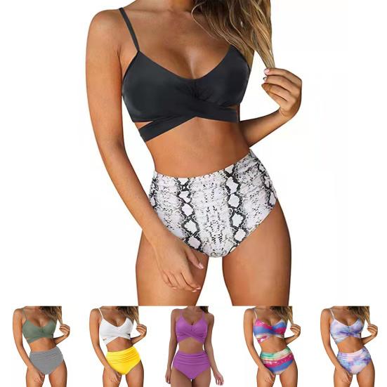 2Pcs/Set Printing Swimsuit Sexy Wire Free Front Cross Bikini Set for