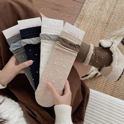 Autumn and Winter Personalized Retro Style Socks, Women's Bubble Lace, Flocked Polka Dot Pile Socks, Pure Cotton Boneless Mid-calf Socks