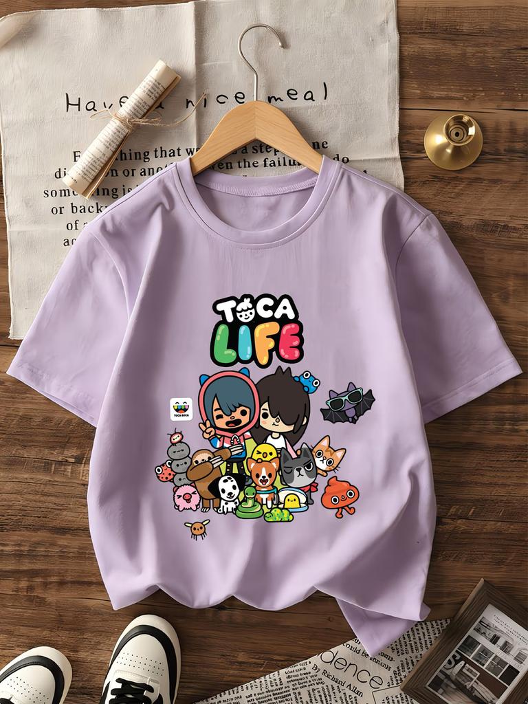 T-shirt Grafica Toca Life World per Bambine Bianca Rosa Manica Corta T-shirt Moda Top per Bambini Cotone Estate Casual Girocollo Maglietta