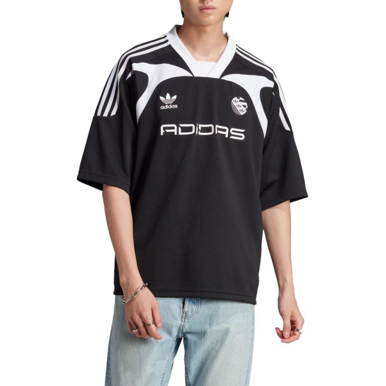 adidas Trefoil Logo Loose Fit V-Neck Soccer Jersey Men Tops Black IW3635