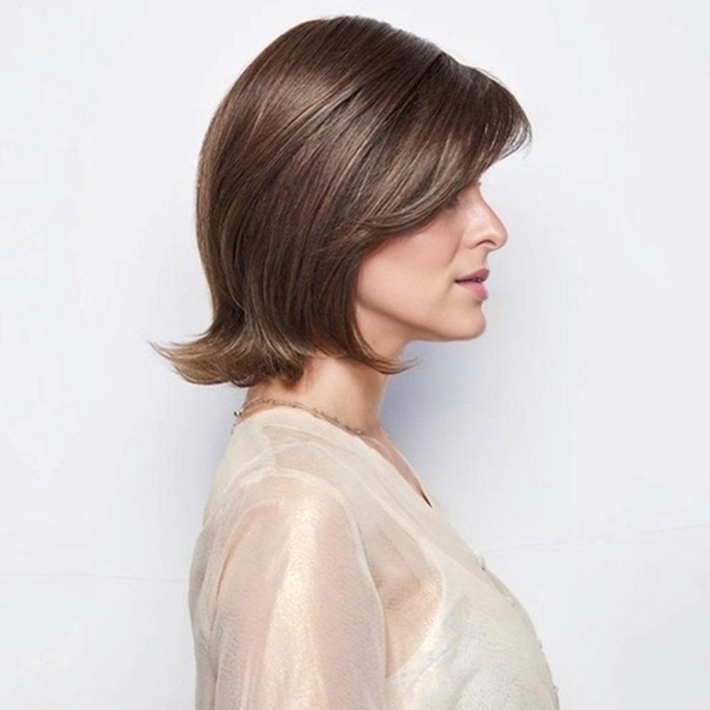 European and American Style Women’s Short Straight Wig Natural Look Side-Parted Fluffy Brown Wig with Bangs