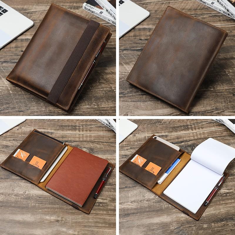 Genuine Leather A5 Notebook Sleeve With Pen Slot IPad Mini Compatibility Office Journal Cover