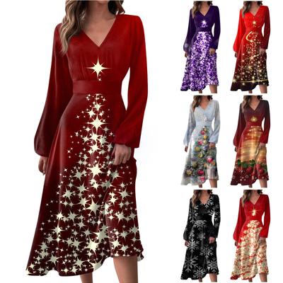 Women's Autumn And Winter Casual Fashion V-neck Long Sleeve Christmas Print Long Dress