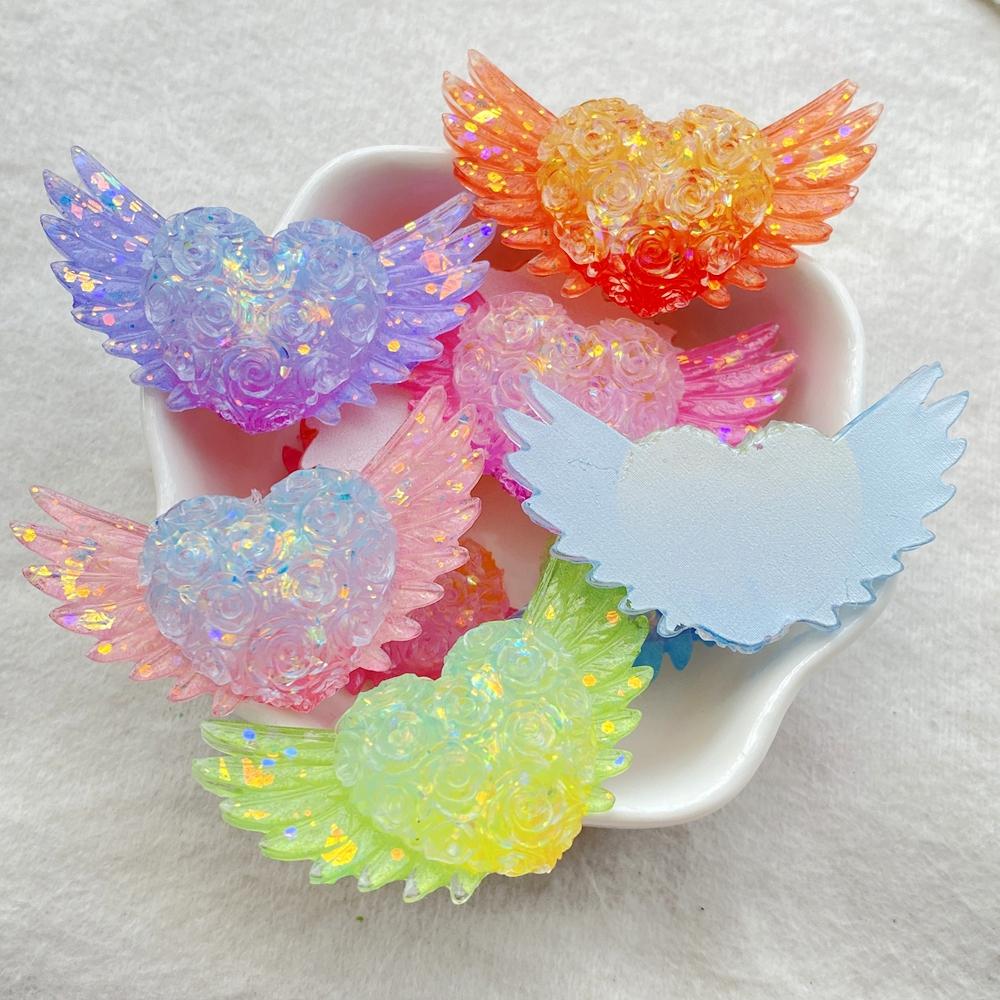 6Pcs Cute Resin Sparkling Colored Rose With Heart-shaped Wings Flat Back Scrapbooking DIY Jewelry Craft Decoration Accessories