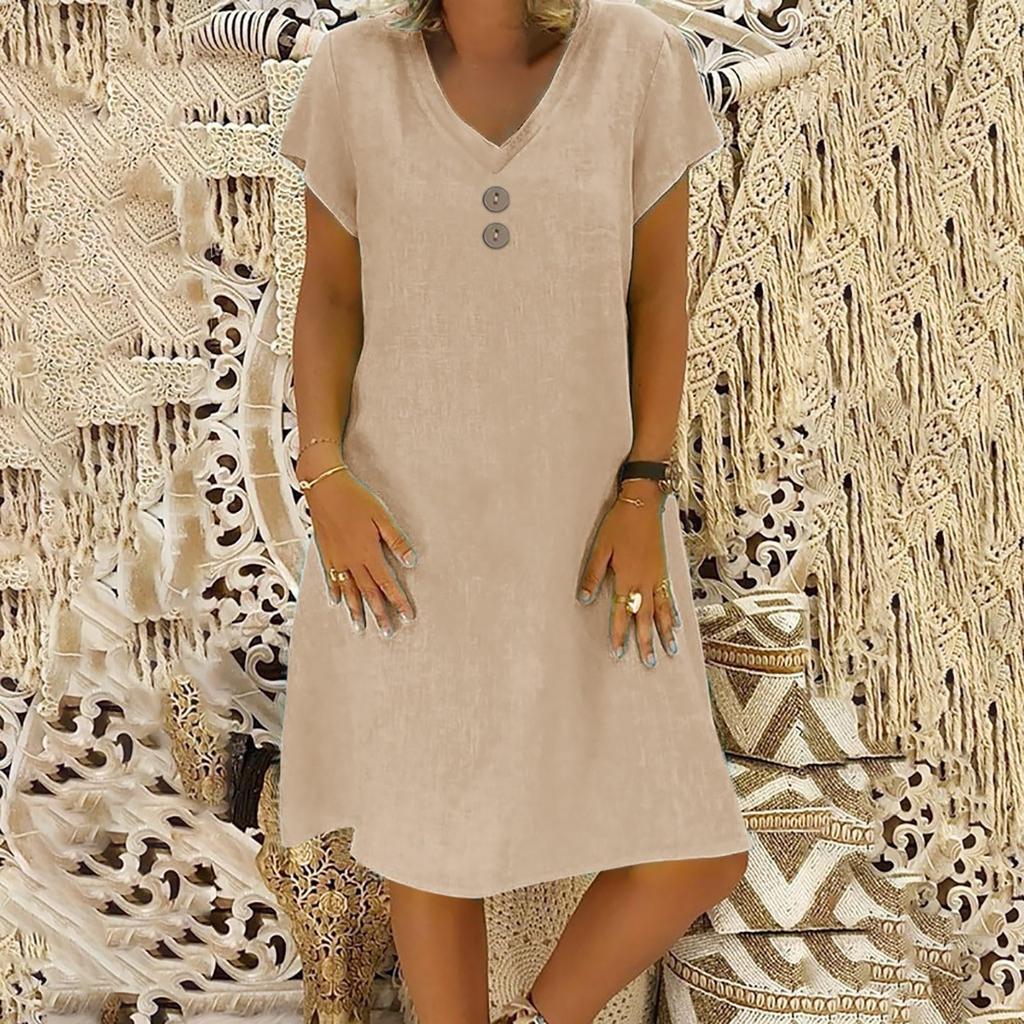 Women's Fashionable Retro V-Neck Short-Sleeve Casual Cotton-Linen Dress