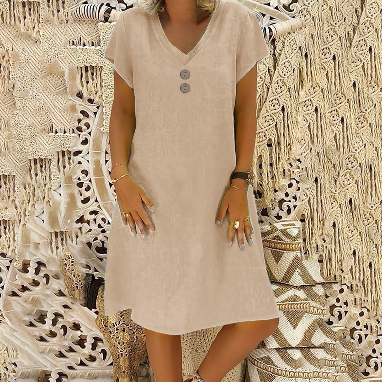 

Женское модное ретро платье с V-образным вырезом, коротким рукавом, повседневное, из хлопка и льна S хаки