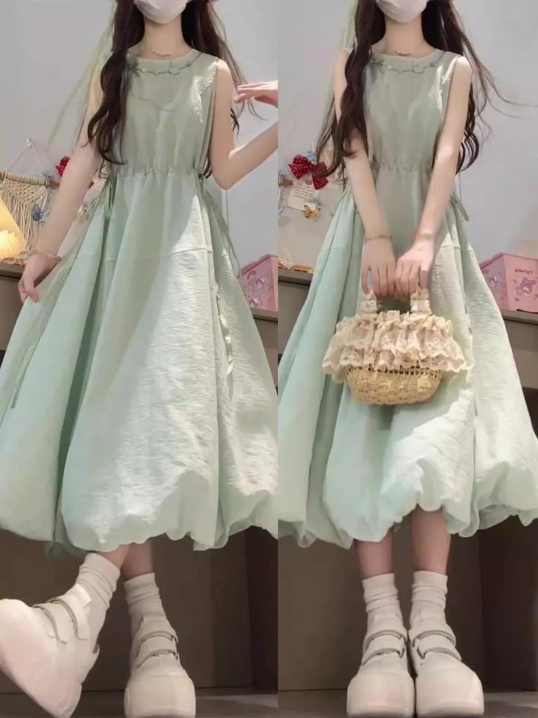 Mint green vest dress children summer 2026 new seaside vacation waist thin bud dress