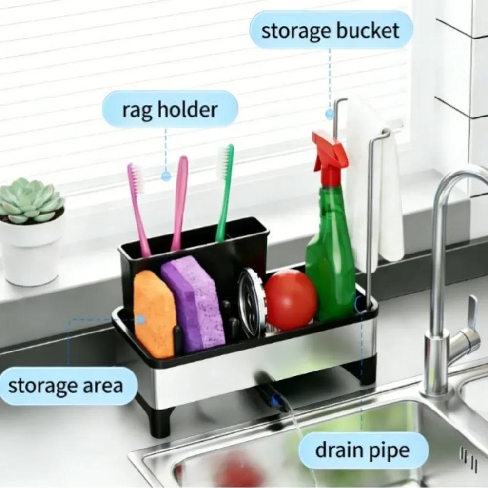 Countertop Storage Rack Space-Saving Stainless Steel Kitchen Sink Organizer Efficient Drainage Multi-functional Storage Tool