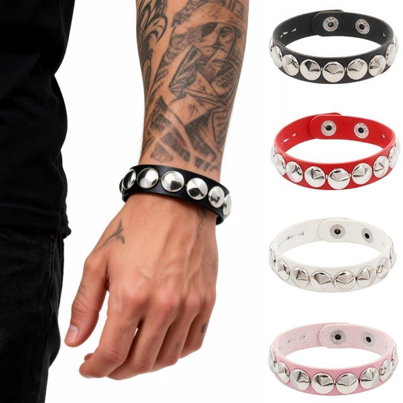 Modern Unisex Spiked Wrist Bangle Bracelet Featuring PU Leather And Stylish Metallic Detail For Everyday Wear