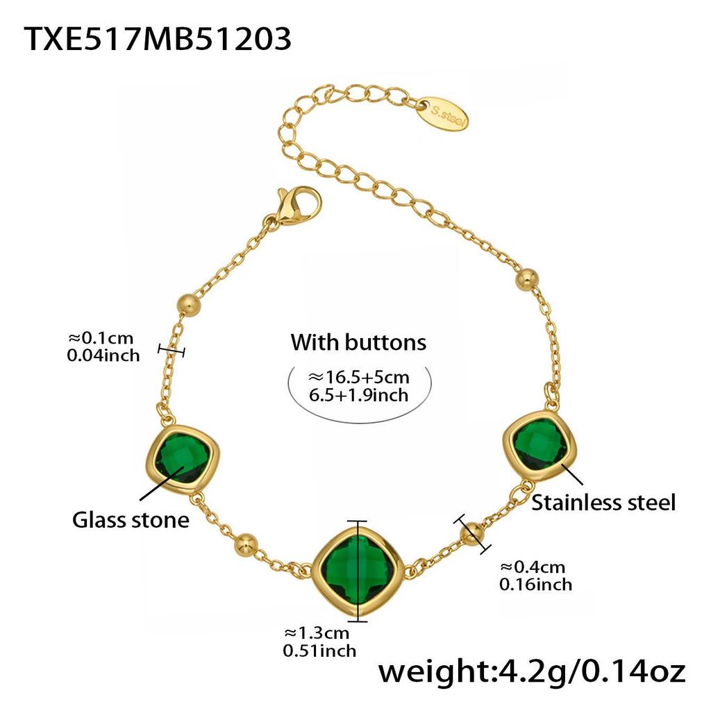 Geometric Glass Stone Earrings & Stainless Steel Bead Necklace Bracelet Set - Multi-color Patchwork Jewelry