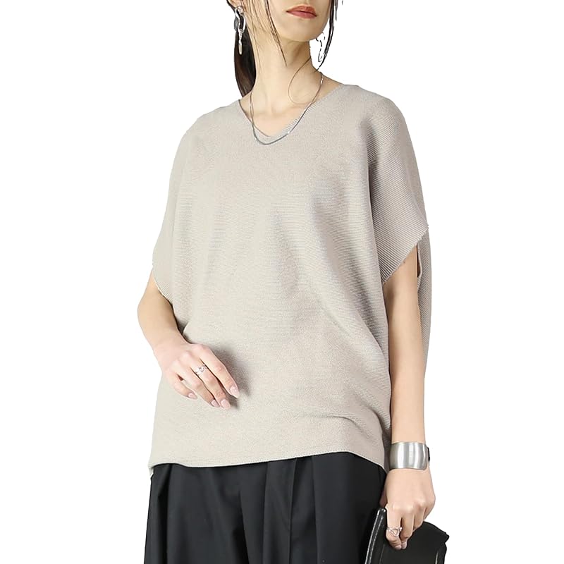 

[And It] cocoon cotton knit Plain color V-neck short sleeve Thin summer knit pullover ladies F 23 Greige A