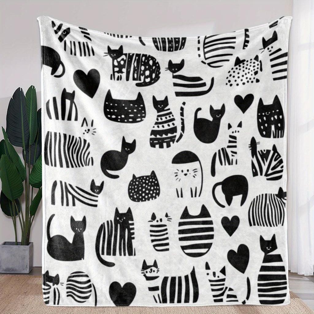 1pc Flannel Blanket, Black and White Striped Cat Print Blanket, Warm Comfortable Soft Blanket, Suitable for Sofa Bed Sofa Car Of