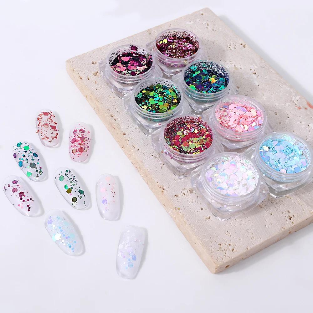 3D Glitzernde Nagelpailletten Laser Gemischtes Nagelglitzer Sechseckige Flocken Pulver Pailletten Schimmernde Bunte Nagel Flocken DIY Nageldekoration