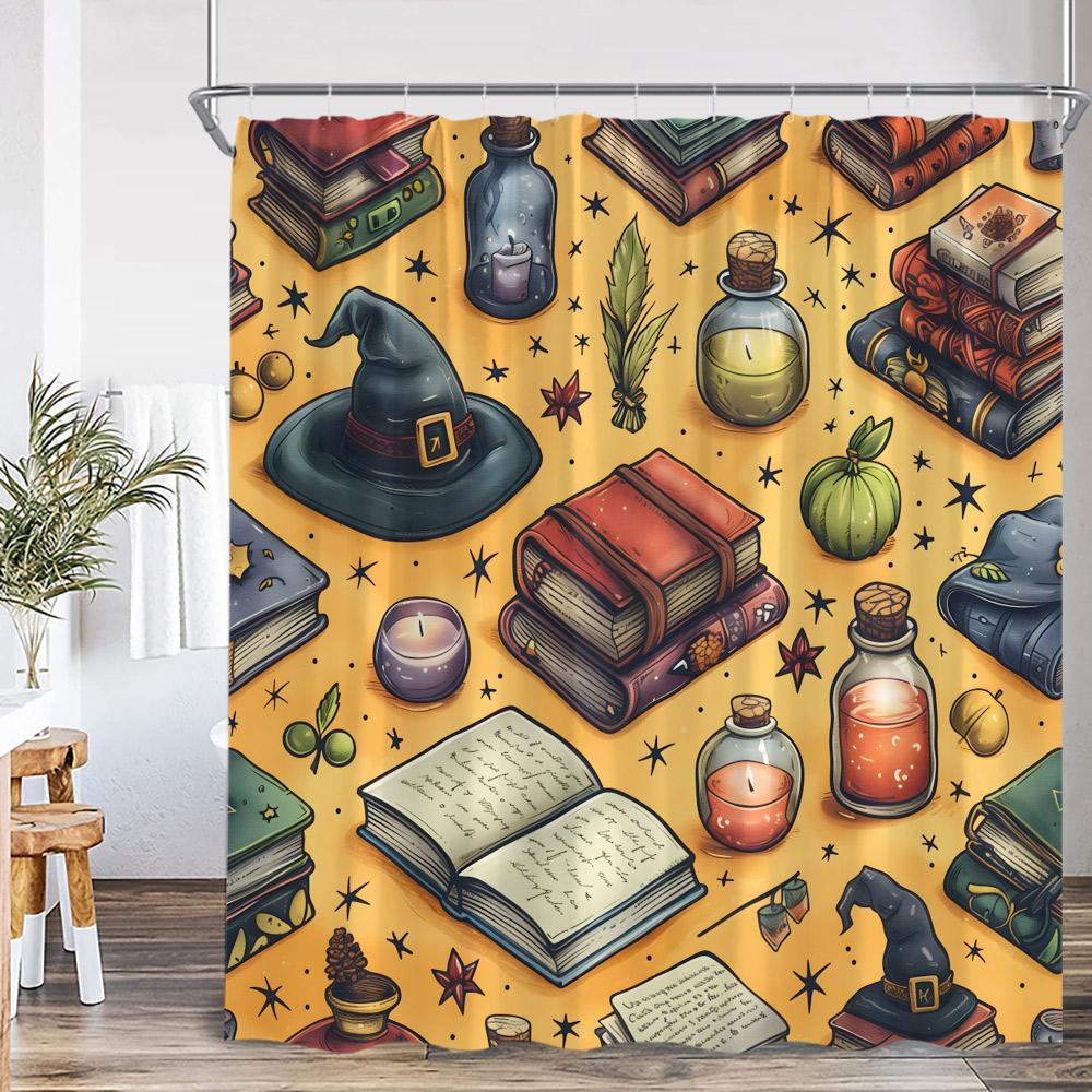 Wizard Magic Halloween Shower Curtain Magical Bookshelf Pharmacist Witch Room Astrology Bathroom Decoration Vintage Bath Curtain