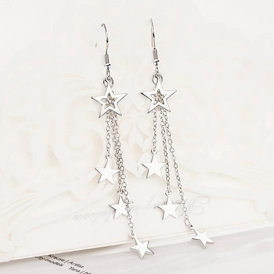 Woman Glittering Star Mid-length Hook Alloy Long Tassels Drop Dangle Cocktail Party Linear Earrings