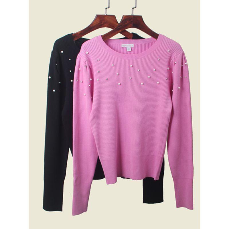 Fresh Sweet Fashion Temperament Pearl Decoration Knit sweater Women Foreign Trade Rib Japan fashion Light Luxury Bottoming Shirt
