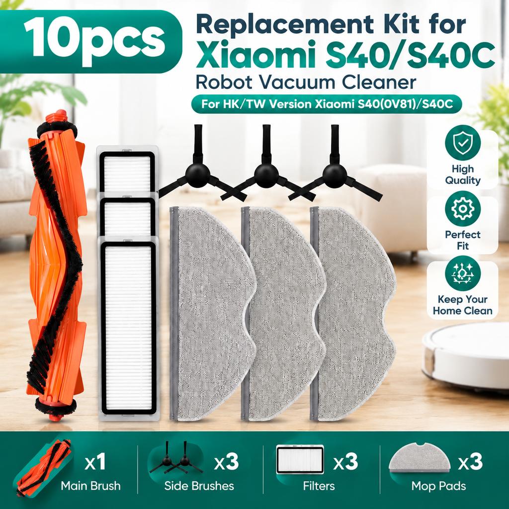 10-Piece Replacement Kit for Xiaomi S40/S40C Robot Vacuum (HK/TW Version)