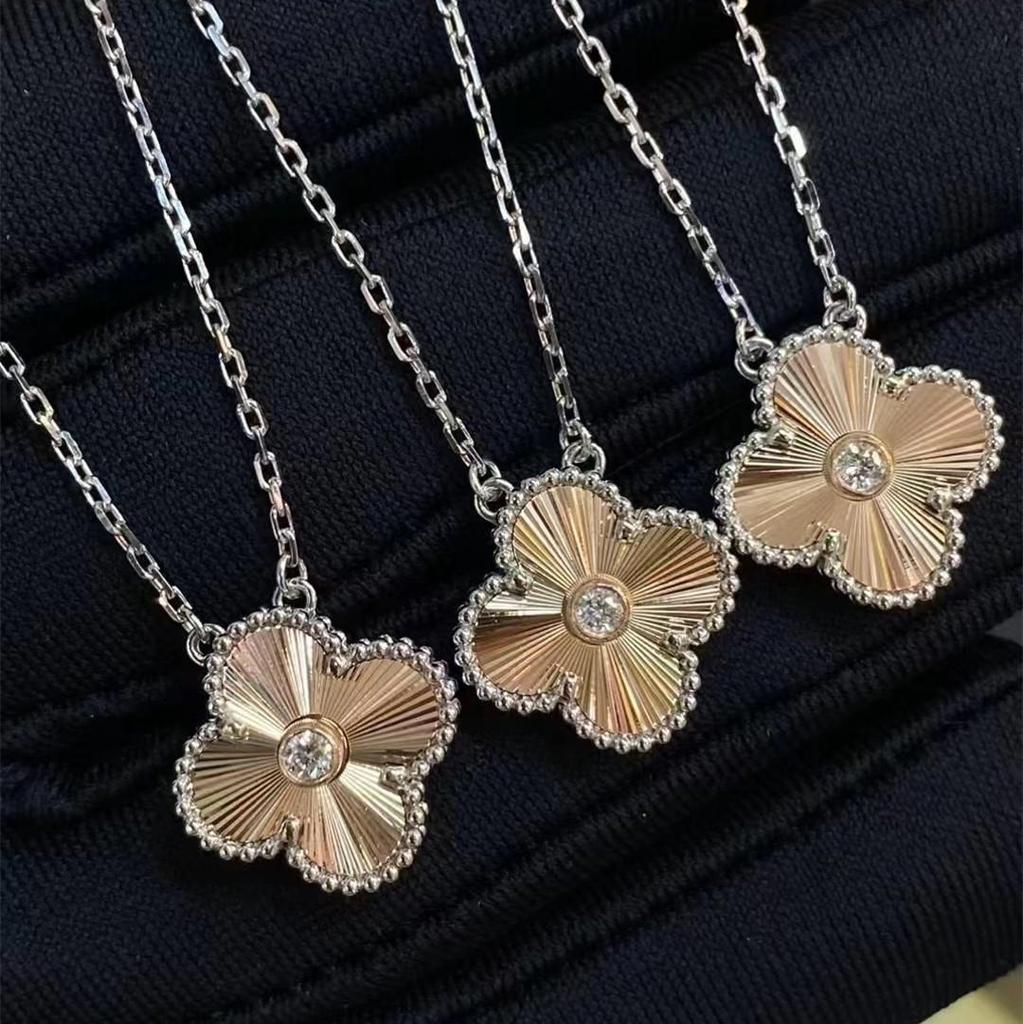18K Gold Christmas Laser Four-Leaf Clover Necklace with CNC Carved Pendant & Sterling Silver Chain for Women