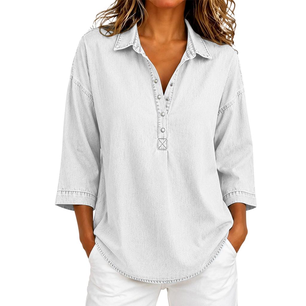 Women's Loose Fit Denim- Button Top with Three-Quarter Sleeves for Casual Everyday Wear