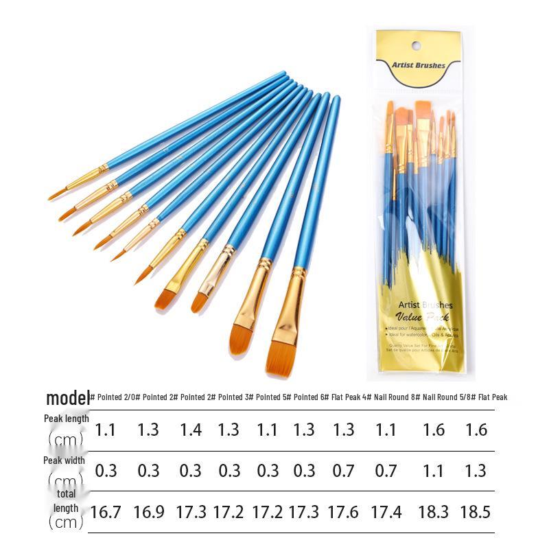 10-Piece Nylon Brush Set for Oil, Gouache, Watercolor, and Acrylic Painting
