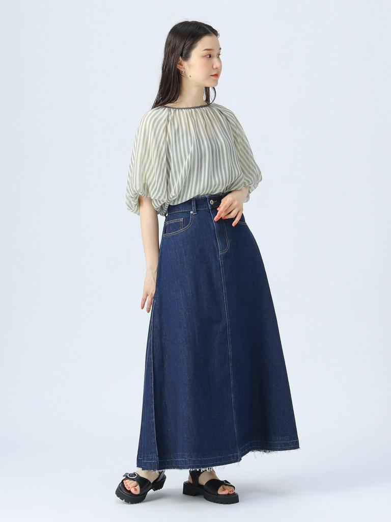 Beams Heart S/S Shirt, Sheer Stripe Balloon Blouse, Women's, Gray, One Size