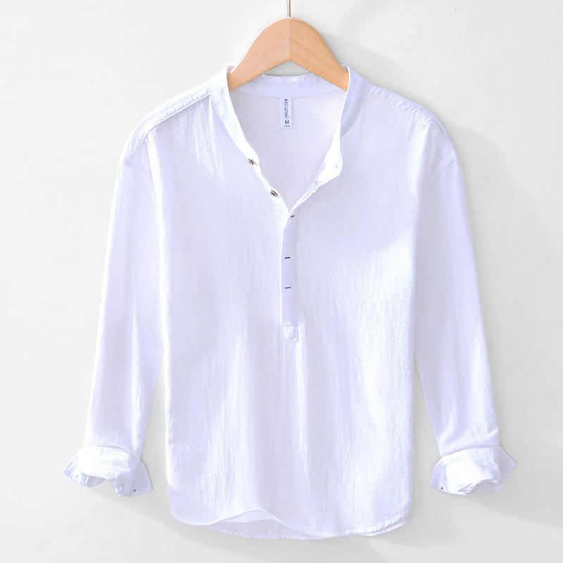 Chinese Retro Style Cotton Linen Tshirt for Men Summer Long Sleeve Top Daily Casual Stand Collar Pullover Men T-shirt 4XL