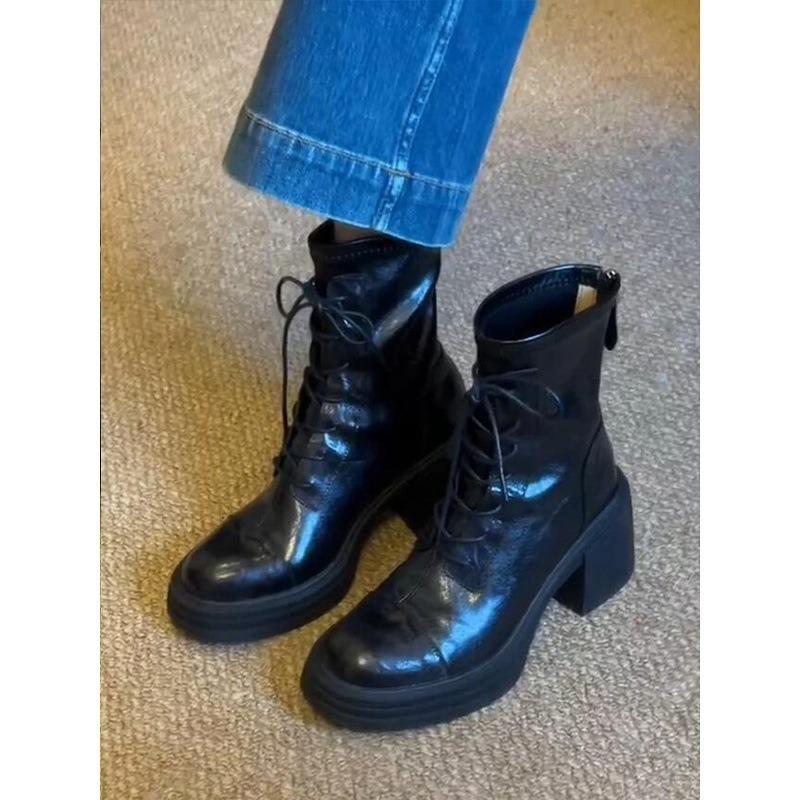 Cowhide Version~ Thick-soled High-heeled Martin Boots Femininity Versatile Leather Thin Boots Retro Rear Zipper Heightening Short Boots
