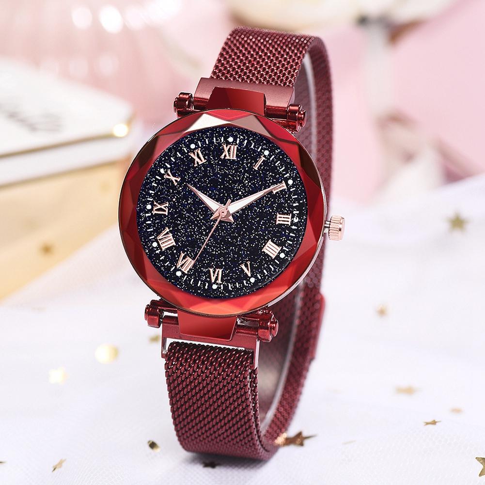 Fashionable Women Round Dial Roman Numerals Quartz Alloy Mesh Belt Wristwatch(Red)