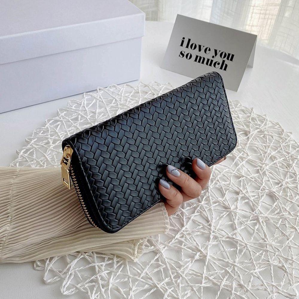 Long Large Capacity Wallet bag Clutch Handbag Zipper Coin Purses Money Pocket Pouch Weave Leather Wallet чёрный
