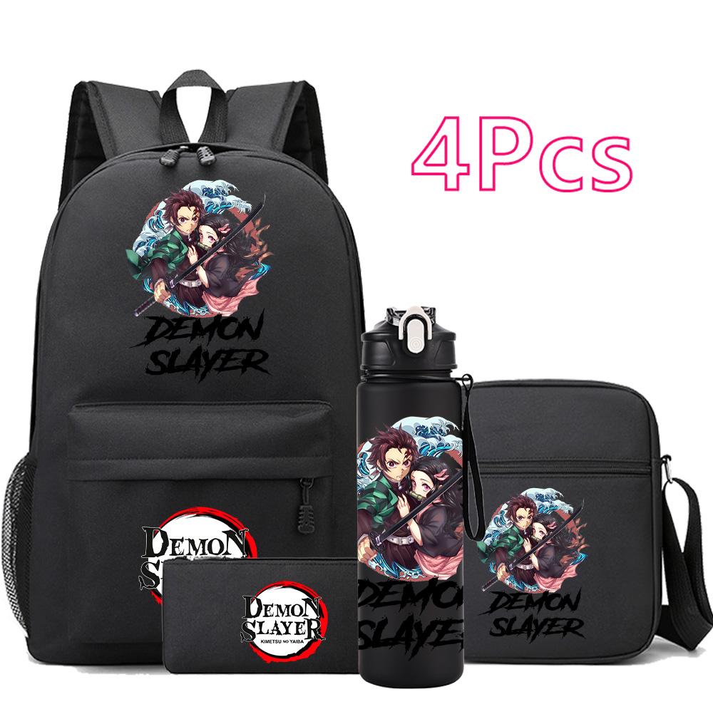 4 st/set Anime Demon Slayer Tryckt Ryggsäck Skolväska Axelväska Fodralväska med 750 ml Vattenflaska Pojke Flicka Stor Kapacitet Vattentät Skolväska