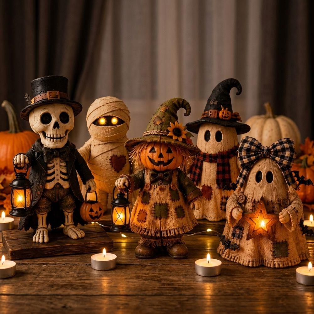 Double-Sided Print Mummy Pumpkin Scarecrow Statue Vintage Plaid Bow Ghost Ornament  Thanksgiving