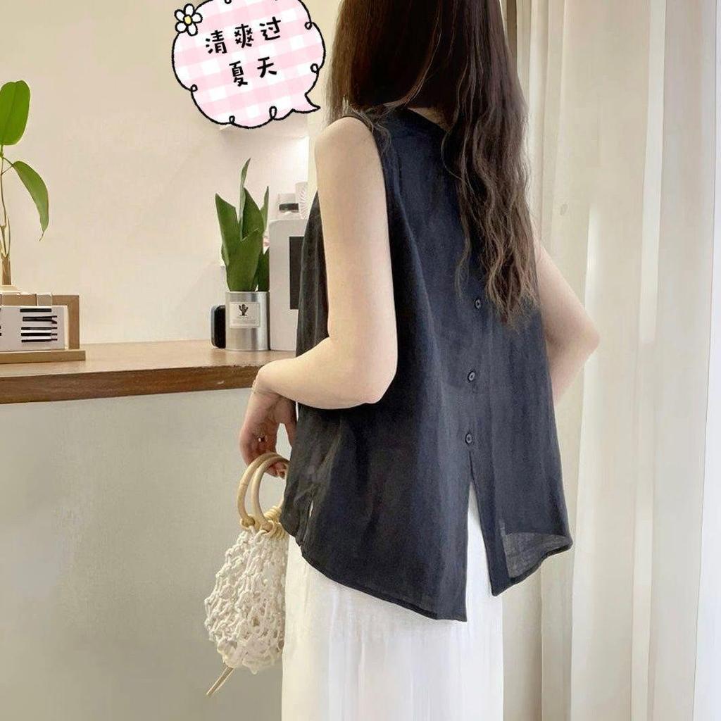 Summer 2026 Women's Slimming Cotton Linen Loose Vest Shirt