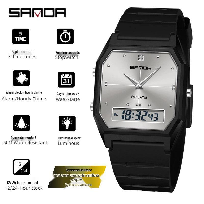 Sanda TEMU Men's Sports Watch: Hot-Selling, Waterproof, Luminous, Thin Square Design, Dual Display, Three Time Zones.