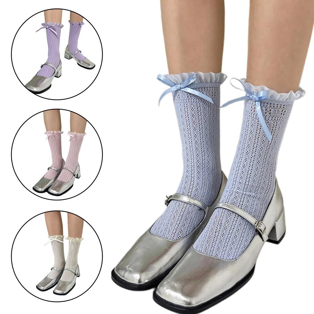 Student Elegant Hollowed Out Lace Ruffle Frilly Socks Women Japanese Style Middle Tube Calf Socks with Ribbon Bowknot