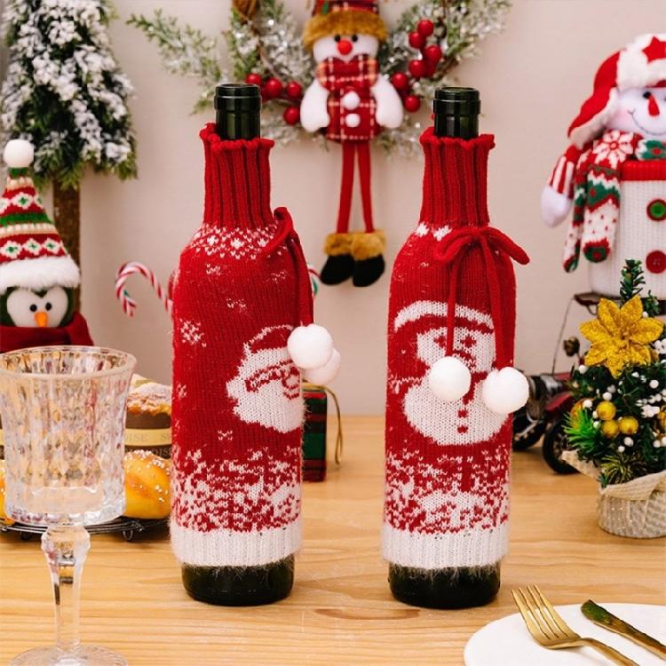 Set of 3 Festival Knitted Wine Bottle Sleeves With Gradual Color Featuring Santa, Snowmans, and Reindeers Wine Bottle Cover