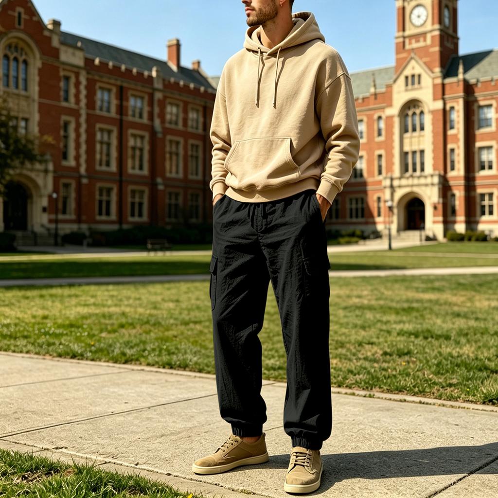 Men's Lightweight Cotton Linen Cargo Pants Loose Fit Multi Pocket Jogger Style Elastic Waistband Drawstring Adjustable Ankle Cuffs