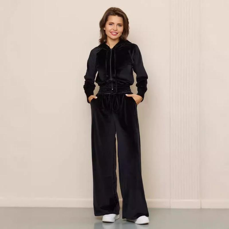 Women Casual Solid Color Zip Up Hooded Sweatshirt Wide Leg Pants Two Piece Set
