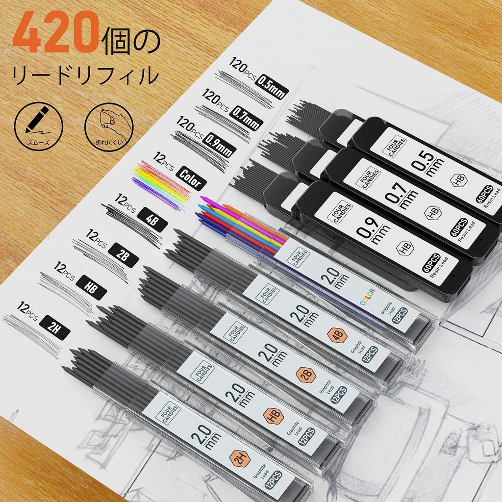 Vier Candies Metall-Druckbleistift-Set je 1 Stück 2 mm 2 420 Shear Minen Kunst Entwurf Skizzieren Schreibwaren-Set Schwarz 0,5 mm, 0,7 mm, 0,9 mm & Stück. (4B, 2B,