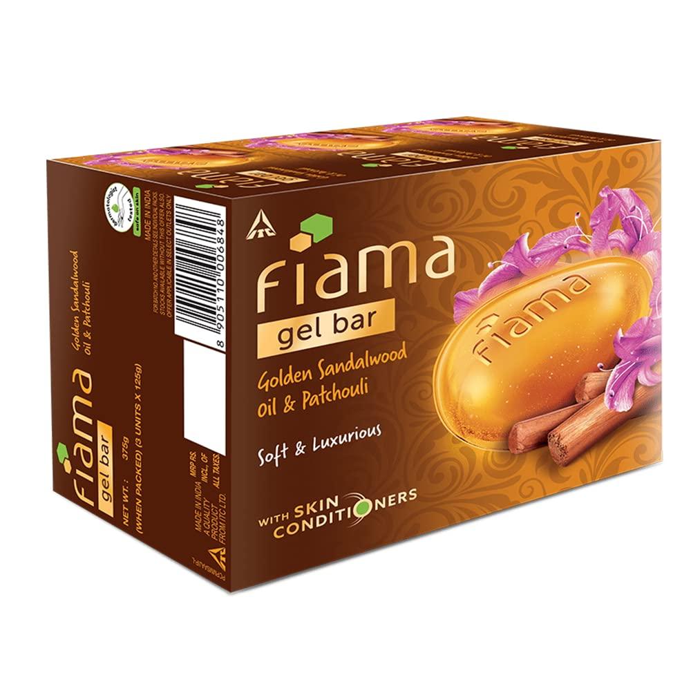 Fiama Gel Bar Goldenes Sandelholzöl und Patschuli 125GX3 Badeseife für Frauen Männer Feuchtigkeitsspendende Weiche Luxuriöse Haut Alle Hauttypen