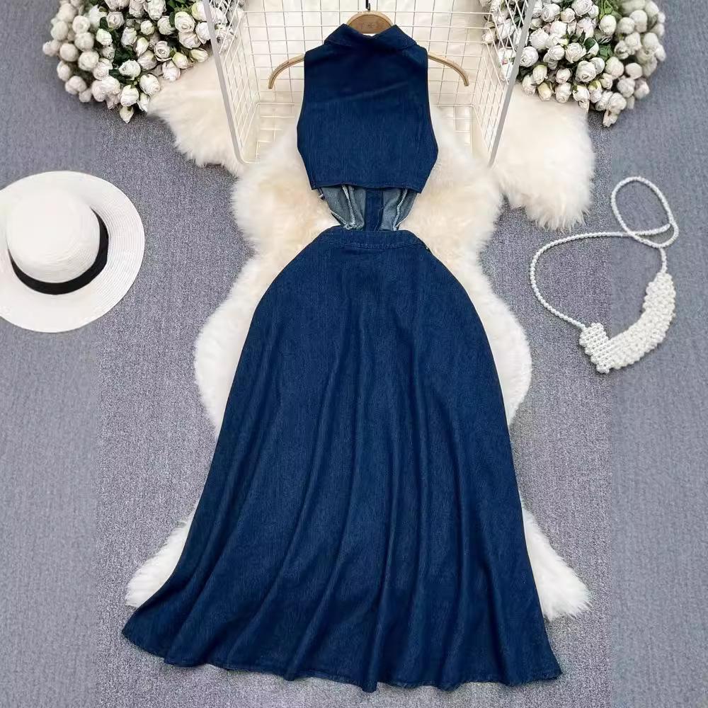 Retro lapel hollow waist exposed waist thin sleeveless single-breasted a-word split denim dress casual long dress