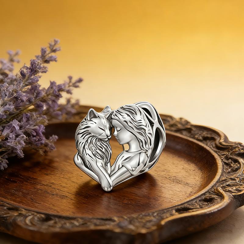 WOSTU Real 925 Sterling Silver Girl Cat Dog Charm Pendant Heart Beads Fit Bracelet Necklace DIY Jewelry Gift For Pet Lover