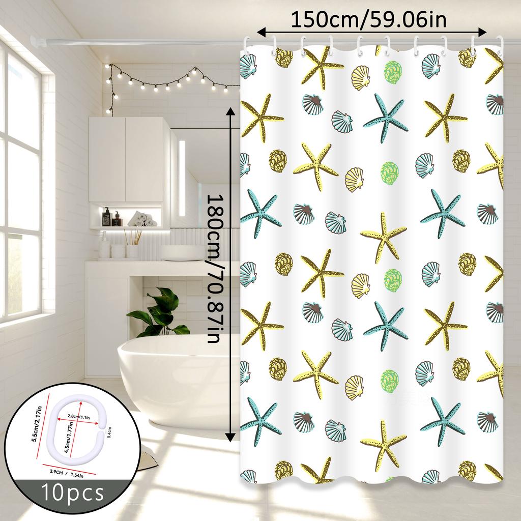 Starfish Fun Pattern Shower Curtain, Fresh Ocean Style Bathroom Partition Curtain, Great Item For Rental House Renovation And Bathroom Soft Decoration