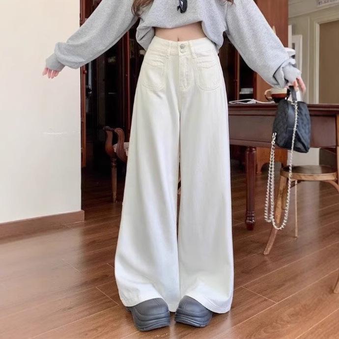 

Women s Autumn Retro High-Waisted Wide-Leg Double-Button Jeans 2XL белый