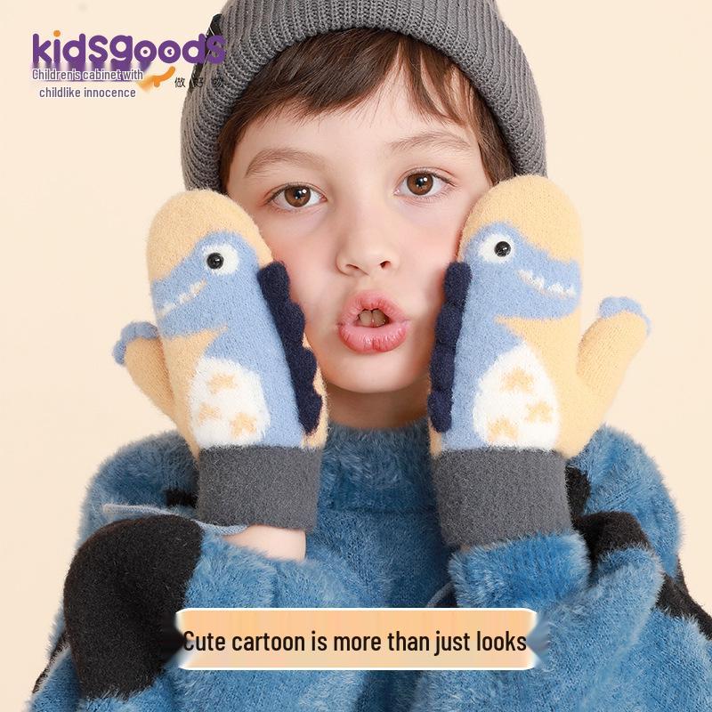 Kids' Winter Windproof Plush Cartoon Gloves with Lanyard
