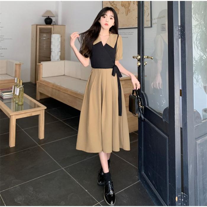 

Summer new short-sleeved fake two pieces French retro Hepburn style temperament thin lace-up coffee break long dress women 3XL