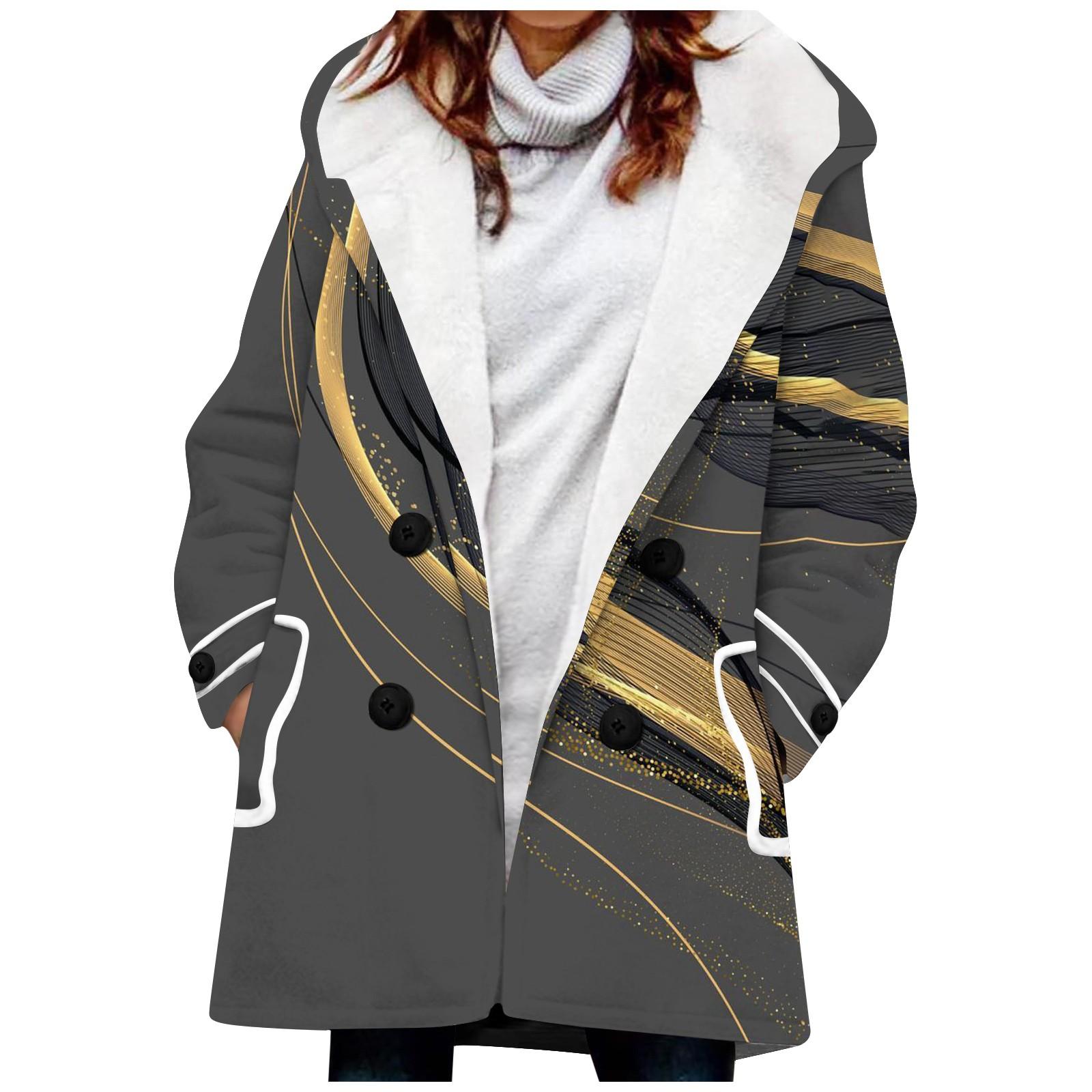 

Жіноче зимове пальто. Тепла куртка з волохатим пухом і ґудзиками з принтом XL золотий